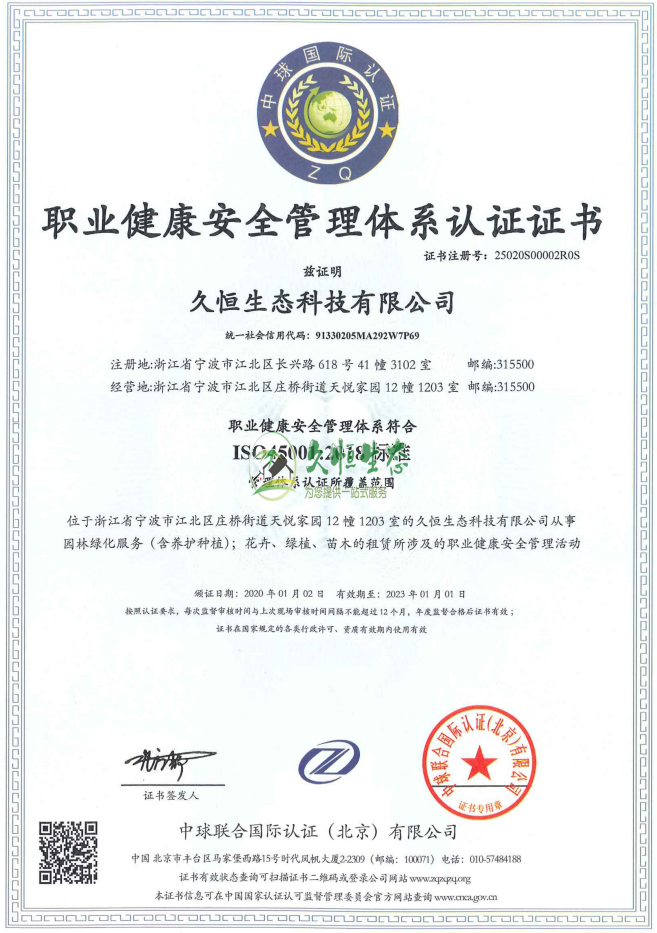 南京江宁职业健康安全管理体系ISO45001证书